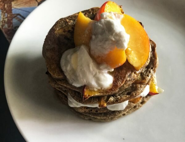 Caramelized Peach Pancakes (Vegan + Gluten Free)